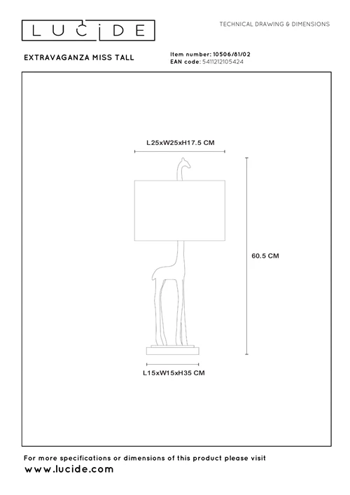 Lucide EXTRAVAGANZA MISS TALL - Tischlampe - Ø 25 cm - 1xE27 - Mattes Gold / Messing - technisch